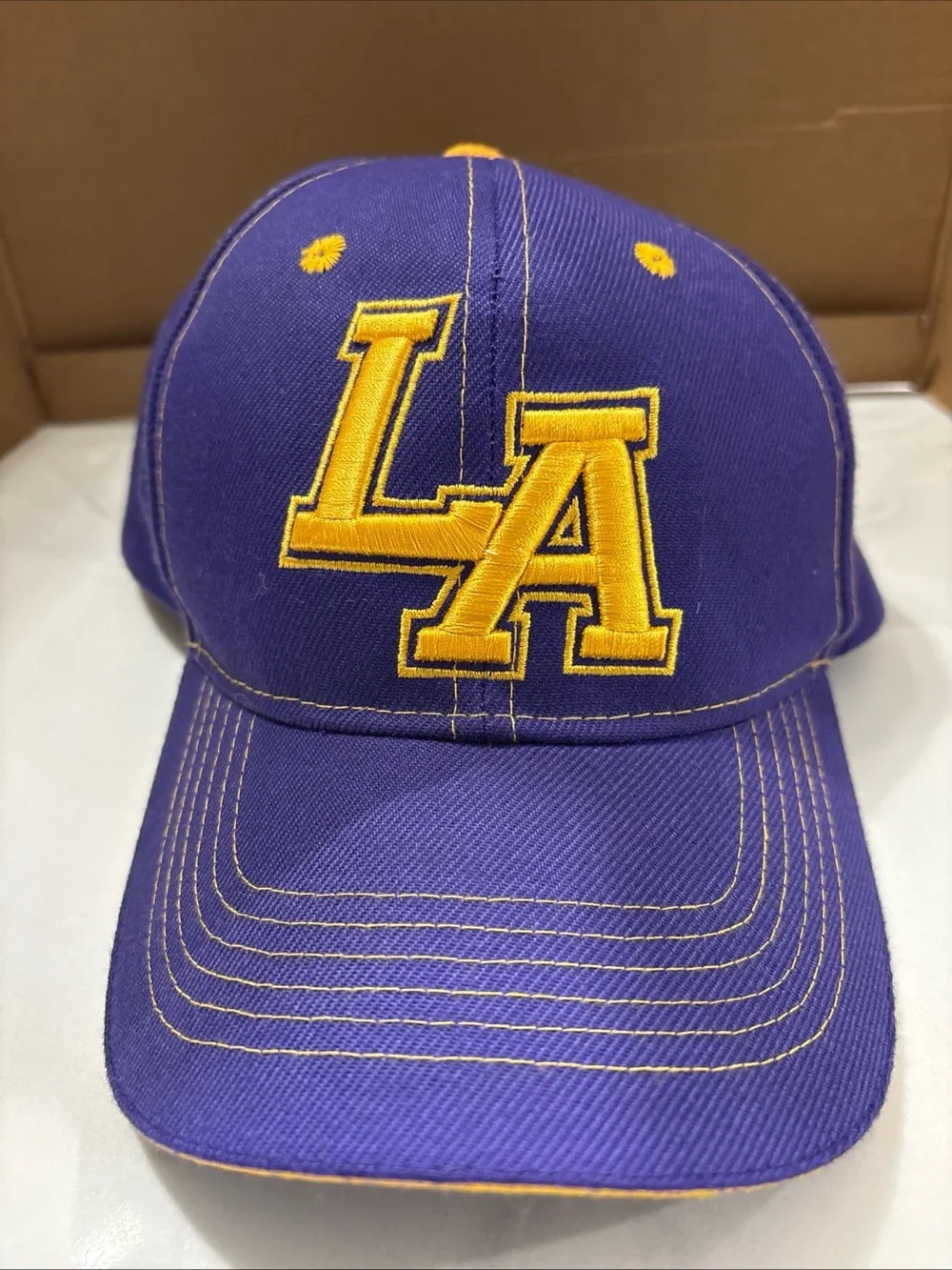 LA Los Angeles Embroidery Logo Mens Purple Yellow Ajustable Cap 100% Polyester
